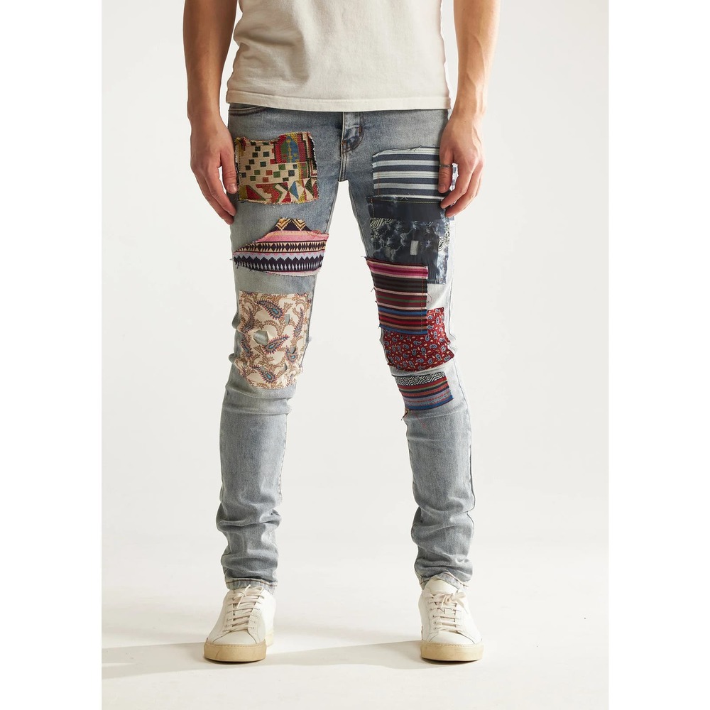 Embellish NYC Men's West Patchwork Distressed Skinny Fit Stretch Denim Jeans
